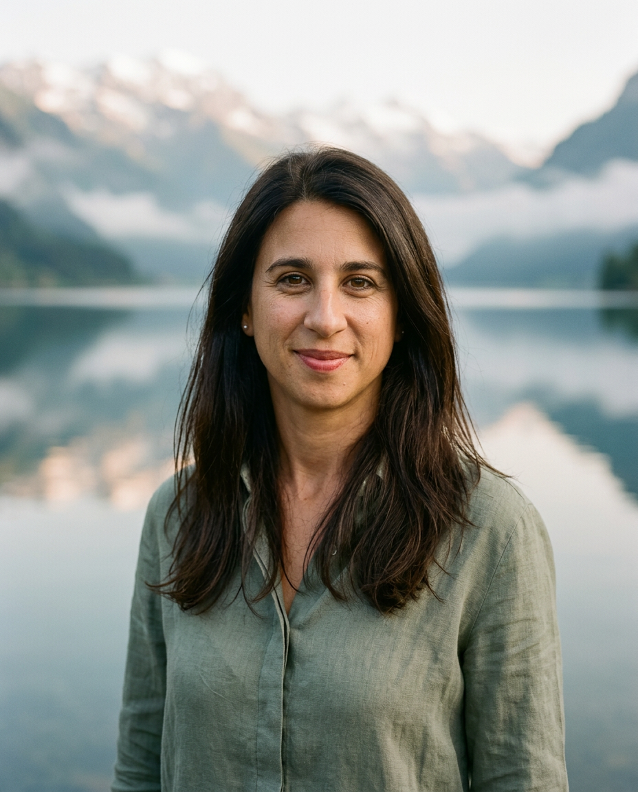 Bea Ibáñez junto a un lago alpino en Suiza