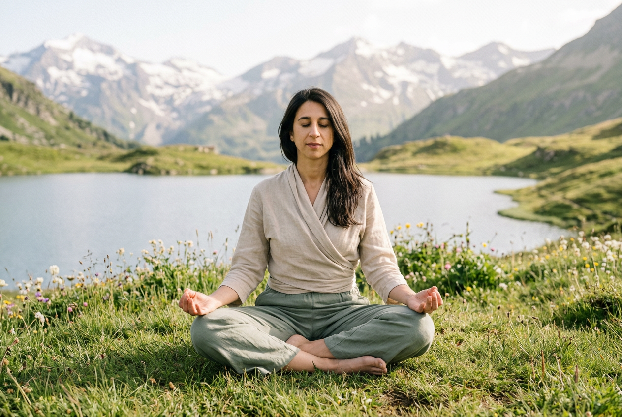Bea meditando sentada, en calma